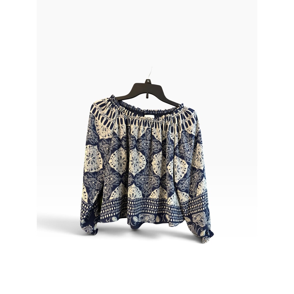 MISA Los Angeles Navy White Medallion Paisley Off Shoulder Blouse XS Boho Top